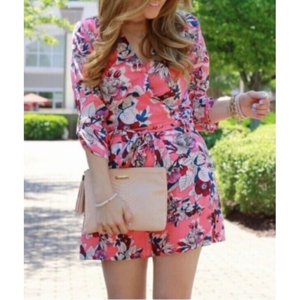Yumi Kim Liz Floral 3/4 Sleeve Romper Blossom Pink Tie Waist Jumper XS Small - Picture 15 of 15